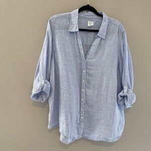 Sigrid Olsen Light Blue 100% Linen V-Neck Button Down Lagenlook Shirt Top 2X